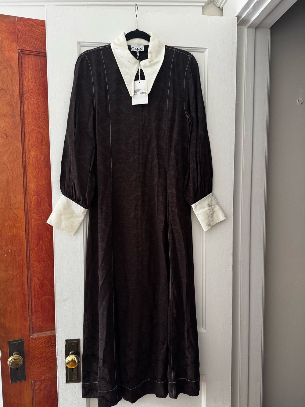 Ganni Black Maxi Dress with White Contrast Collar